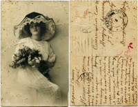 Ретро открытки - Ретро-открытка. Женщина в шляпе и букетом цветов.