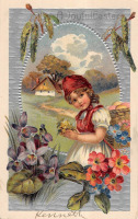 Ретро открытки - Девочка с пасхальной корзиной и цветами
