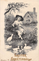 Ретро открытки - Пасхальные поздравления, Девочка у озера и утки