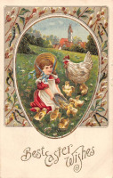Ретро открытки - Пасхальные поздравления, Девочка и курица с цыплятами
