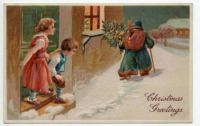 Ретро открытки - С Рождеством, Санта Клаус с подарками и дети