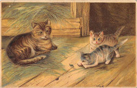 Ретро открытки - Кошка и котята с кузнечиком