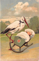 Ретро открытки - Аист и младенец в колыбели