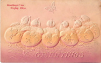 Ретро открытки - Пасхальные поздравления. Шесть цыплят и бабочка