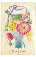 Ретро открытки - Счастливой Пасхи. Цветочная корзина и птица