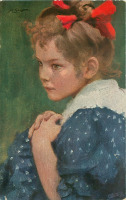 Ретро открытки - Герман Сигер. Девочка с красным бантом в голубом платье