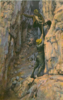 Ретро открытки - Два альпиниста с верёвками в скальной расщелине