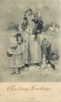 Ретро открытки - Дед Мороз с подарками и дети в заснеженном поле