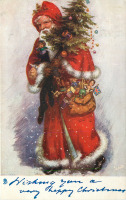 Ретро открытки - Рождество и Новый Год. Санта с ёлкой и игрушками