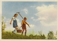Ретро открытки - Маленькие помощники. Дети с корзиной. Работа в поле
