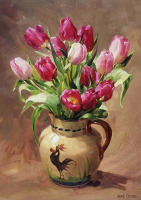 Ретро открытки - Розовые тюльпаны в керамическом кувшине Торки с петухом