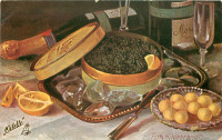 Ретро открытки - Фриц Хильдебранд. Натюрморт с икрой, сливочным маслом и вином
