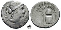 Старинные деньги (бумажные, монеты) - Денарий Тита Каризия с изображением Юноны-Монеты и инструментами монетной чеканки (46 год до н. э.)