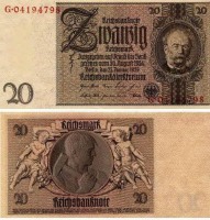 Старинные деньги (бумажные, монеты) - 20 рейхсмарок 1929 год