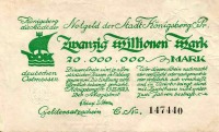 Старинные деньги (бумажные, монеты) - Кёнигсберг. Банкнота достоинством двадцать миллионов марок.
