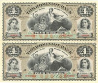 Старинные деньги (бумажные, монеты) - Бона - Dominion Bank, 4 канадских доллара 1876, неразрезаная пара
