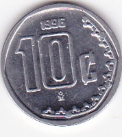 Старинные деньги (бумажные, монеты) - 10 сентаво 1996г.Мексика.