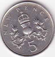 Старинные деньги (бумажные, монеты) - 5 новых пенсов 1978г.Великобритания.