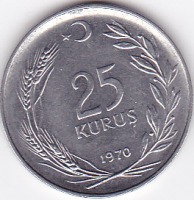 Старинные деньги (бумажные, монеты) - 25 куруш 1970г.Турция.
