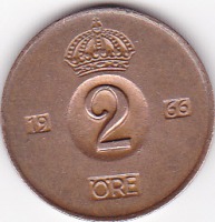 Старинные деньги (бумажные, монеты) - 2 эре 1966г.Швеция.