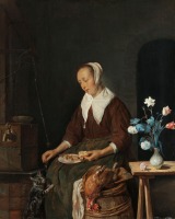 Картины - Габриэль Месту. Женщина с блюдом или Завтрак кошки. Женский портрет