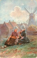 Картины - Две девочки на фоне ветряной мельницы