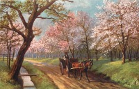 Картины - Повозка на дороге в цветущем саду