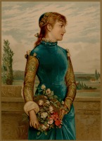 Картины - Девушка в голубом бархатном платье с корзиной роз