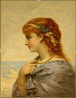 Картины - Портрет девушки с золотистой лентой и зелёной веткой
