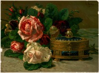 Картины - Жан Батист Роби. Букет роз и драгоценная шкатулка
