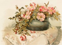 Картины - Элизабет Паркер. Букет розового шиповника в зелёной вазе