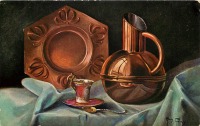 Картины - Медный кувшин, блюдо и фарфоровая чашка с блюдцем