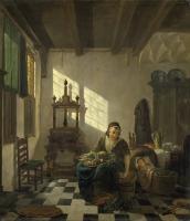 Картины - Женщина на кухне за домашней работой и младенец в колыбели