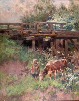 Картины - Картини  польських  художників. Жінка випасає корову біля старого мосту.