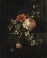 Картины - Элис ван ден Брук. Натюрморт с розами и бабочкой