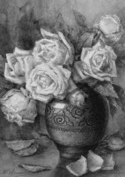 Картины - Мадлен Лемер, Жёлтые розы в голубой вазе