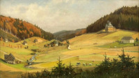 Картины - Артур Тиле. Пейзаж с домами в горной долине