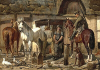 Картины - Симон Симонсен. Лошади в деревенской кузнице