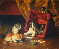 Картины - Альфред Брунель де Невиль. Озорные котята и щенок