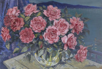Картины - Константин Коровин. Розы в стеклянной вазе
