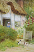 Картины - Артур Клод Страйкен. Девушка и два щенка у дома в Ившеме