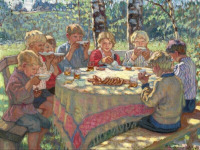 Картины - Николай Богданов-Бельский. Дети за чайным столом