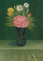 Картины - Анри Руссо. Натюрморт Цветы в зелёной вазе . Георгины и ромашки. Розовые цветы