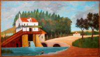 Картины - Анри Руссо. Речной пейзаж с мельницей и рыбаком. Сельский пейзаж