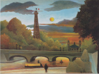 Картины - Анри Руссо. Городской пейзаж Река Сена и Эйфелева башня на закате. Вечерний пейзаж в Париже