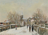 Картины - Морис Утрилло. Церковь Пон-Сен-Мартен под снегом. Зимний пейзаж. Церкви Франции