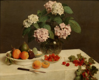 Картины - Анри Фонтен-Латур. Букет гортензий и ваза с фруктами. Цветы в вазе. Ваза с фруктами