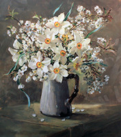 Картины - Энн Коттерилл. Белые нарциссы и цветущая вишня в кувшине. Воспоминания о лете