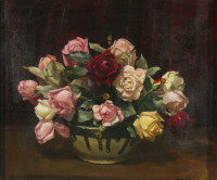Картины - Вайолет Макиннес. Красные, розовые и белые розы в вазе