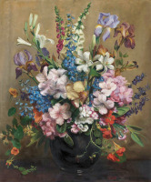 Картины - Вайолет Макиннес. Букет садовых цветов в чёрной вазе